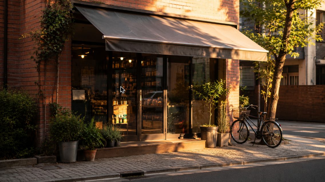 Exterior of a small brick storefront shop with an awning at late-afternoon light