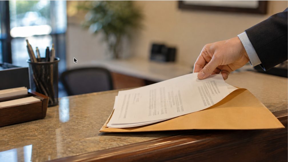 A close-up of a hand placing a printed insurance document inside a manila folder on a reception desk