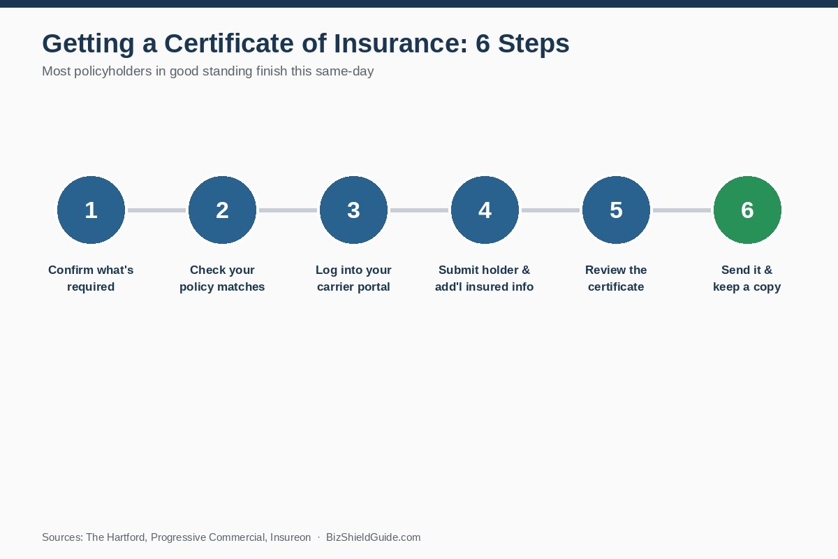 A six-step flow diagram showing how to get a certificate of insurance quickly, from confirming requirements to sending the final certificate