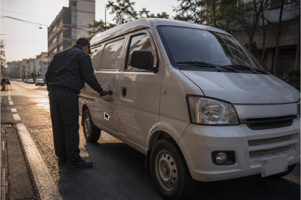 Small business commercial delivery van with driver doing a pre-trip walk-around inspection