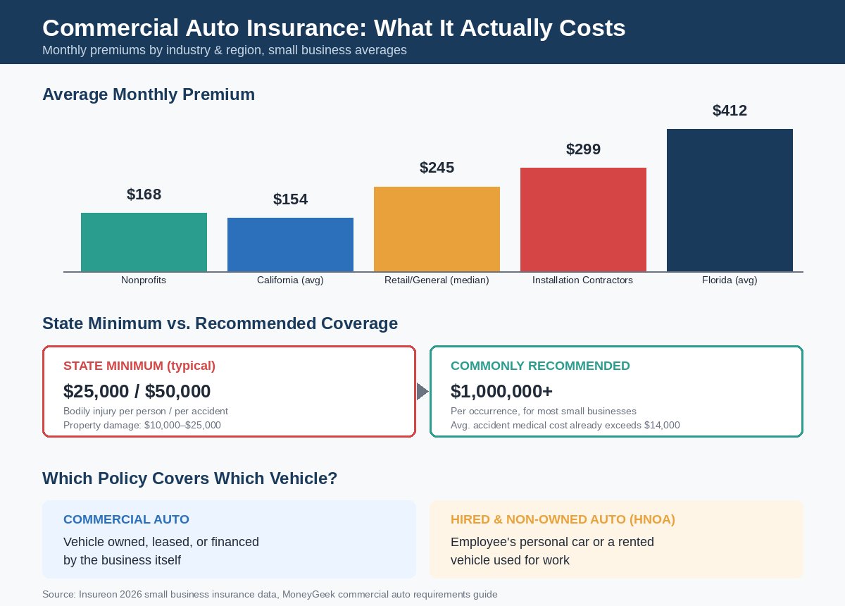 Infographic comparing commercial auto insurance monthly premiums and state minimum vs recommended liability coverage