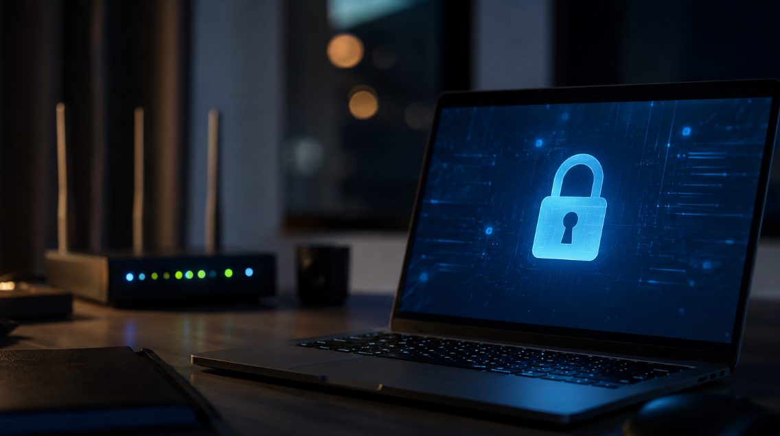A laptop screen glowing with a blue padlock icon on a dim small-office desk at night, with a router blinking in the background