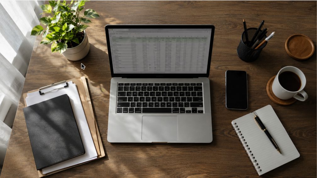 An overhead flat-lay of a tidy modern desk with an open laptop showing a spreadsheet, a smartphone, a notebook, and coffee