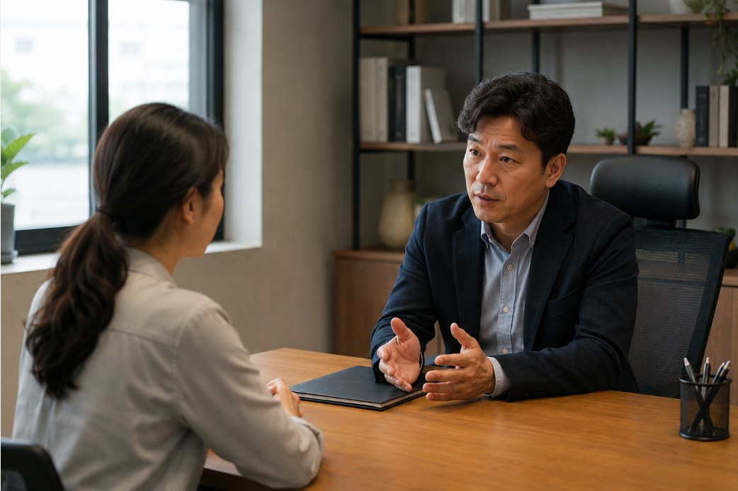 Manager and employee having a calm one-on-one workplace conversation, representing employment practices liability insurance