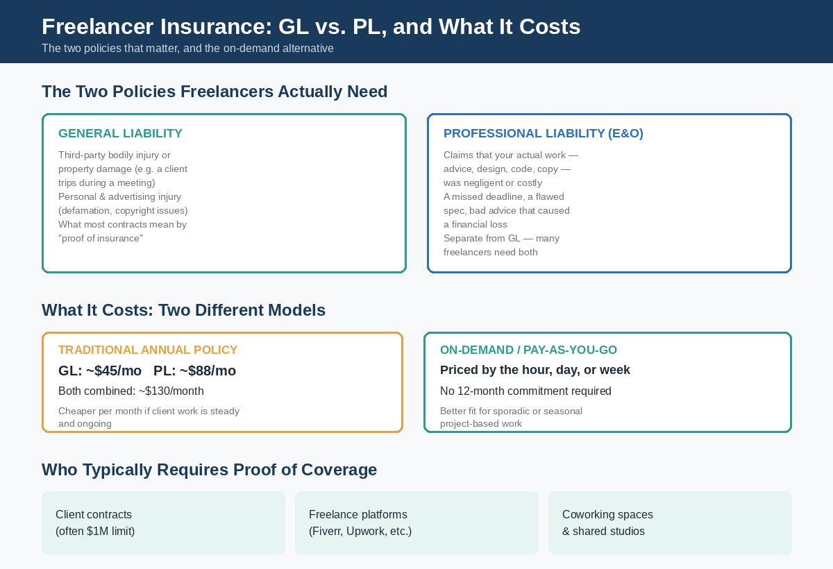 Infographic comparing general liability vs professional liability coverage for freelancers, traditional vs on-demand insurance costs, and who typically requires proof of coverage