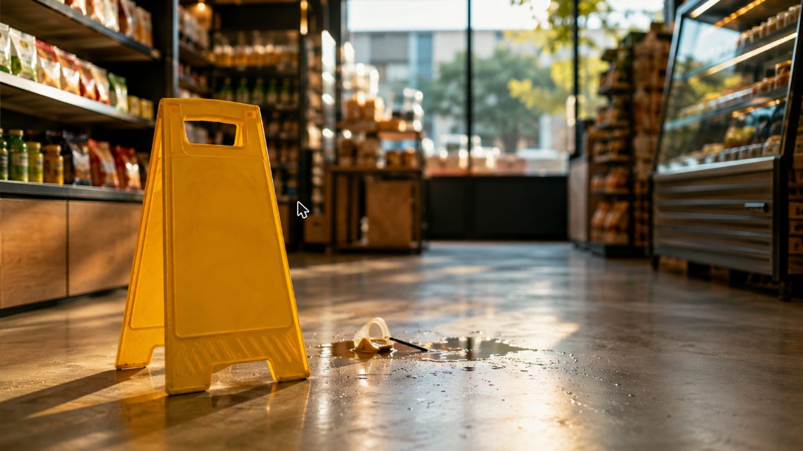 A wet floor caution sign in a small retail shop aisle, representing a general liability slip-and-fall risk