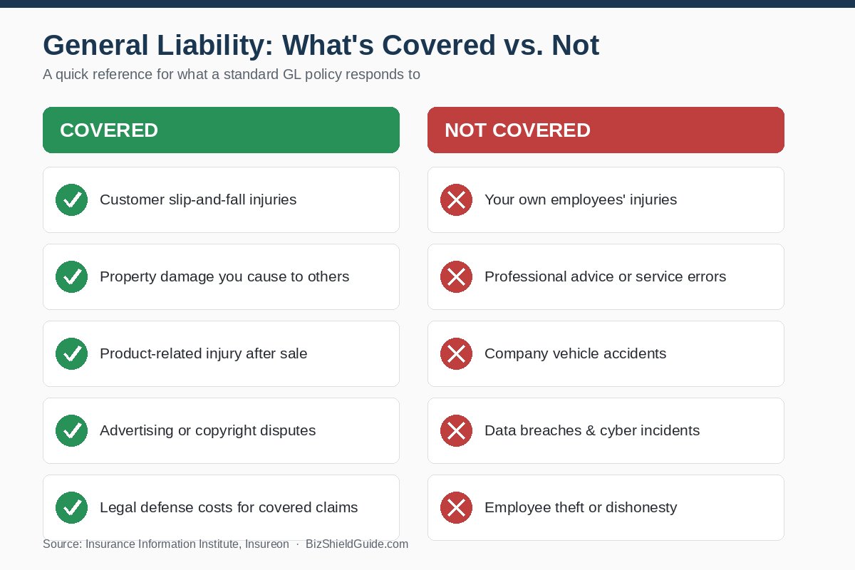 Infographic comparing what general liability insurance covers versus what it excludes for small businesses