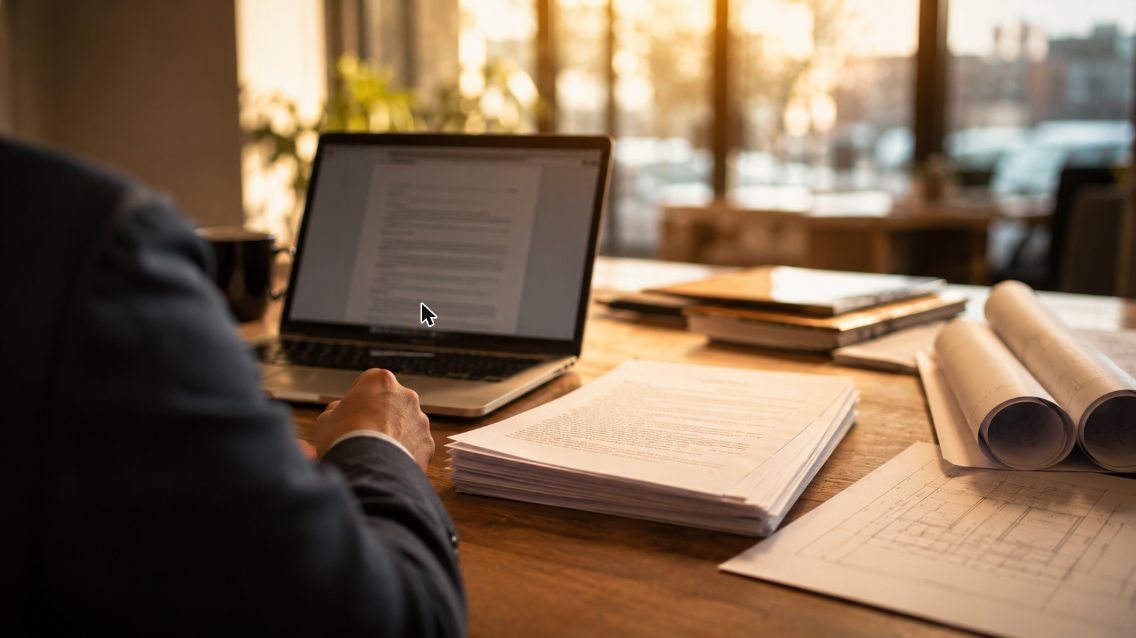 Shot from behind a seated consultant's shoulder looking across a desk at a laptop, contracts, and rolled blueprints