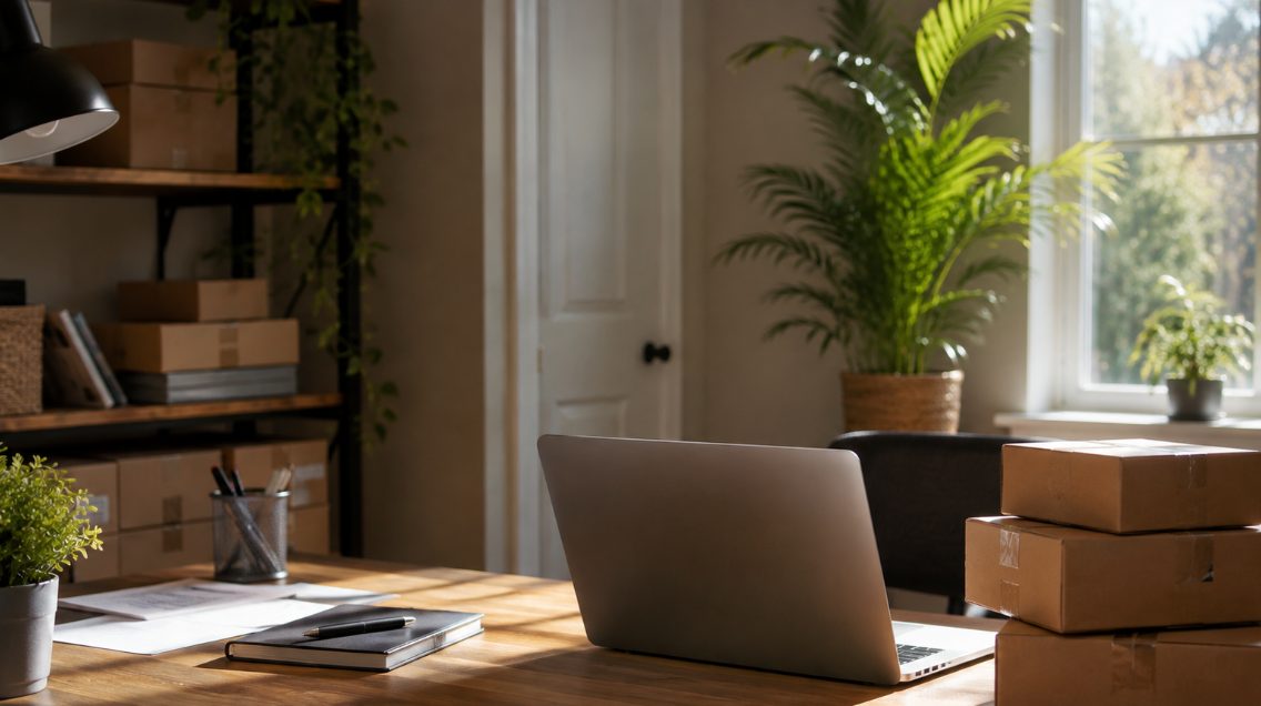 A sunlit converted spare-room home office with a wooden desk, laptop, shipping boxes, and a potted plant by a window
