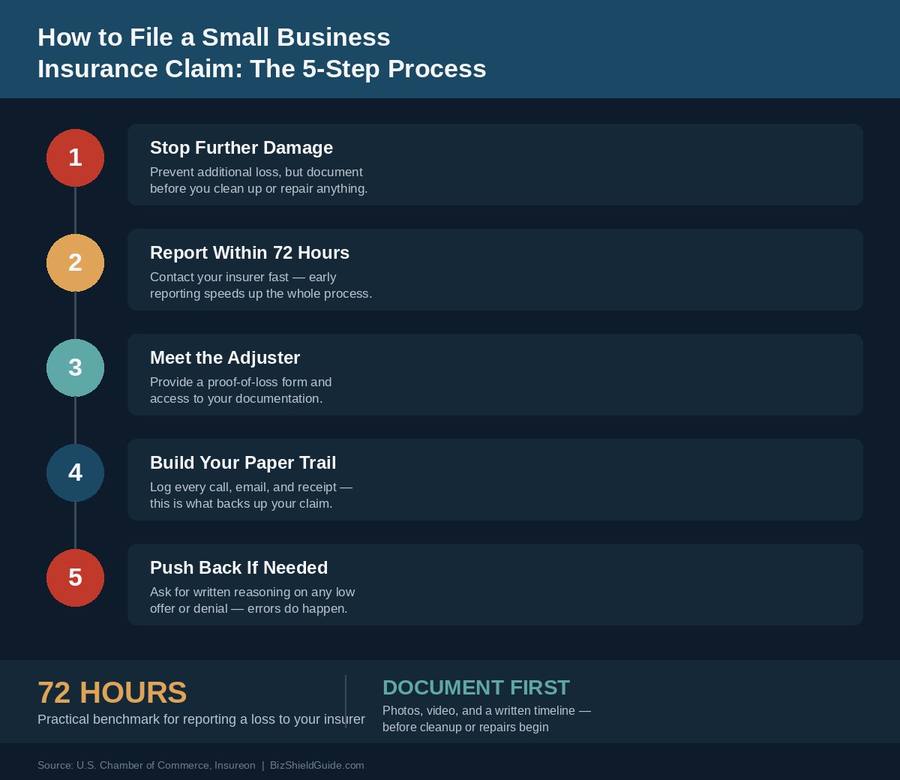 5-step small business insurance claim filing process infographic