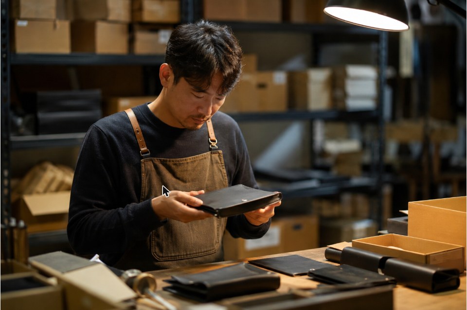 Small business worker inspecting a leather product for quality control in a workshop