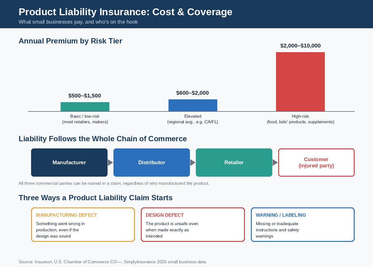 Infographic showing product liability insurance cost by risk tier and the chain of commerce liability