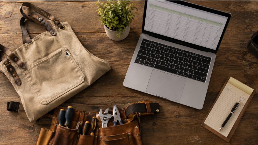 An overhead flat-lay of small-business trade items: a work apron, a tool belt, a laptop, a restaurant order pad, and a potted plant