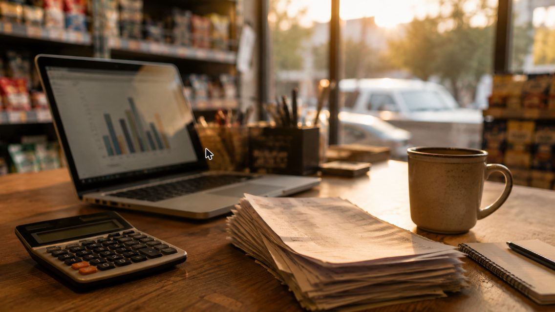 A small shop owner's desk with a calculator, invoices, a laptop showing a bar chart, and a coffee mug