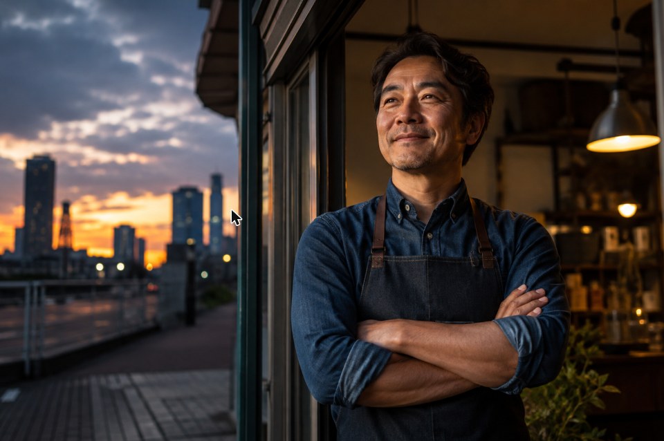 Small business owner standing in storefront doorway at dusk conveying protection and stability