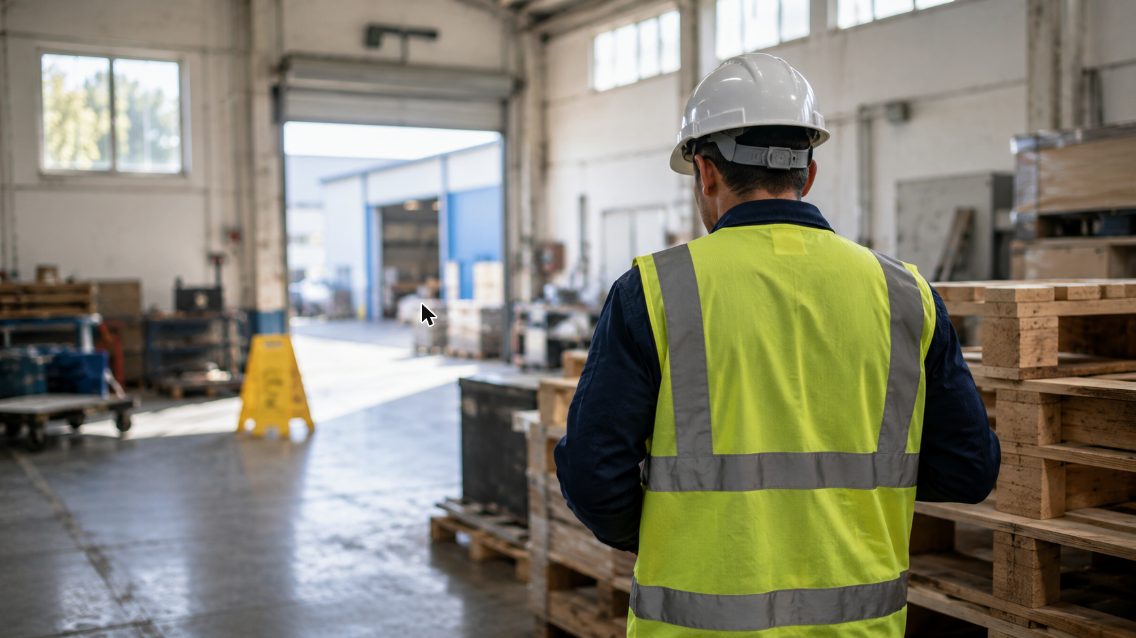 A worker in a hi-vis safety vest and hard hat seen from behind in a small warehouse near stacked pallets