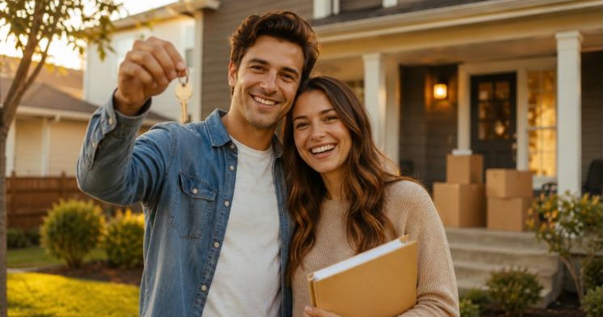 A young couple holding a house key and paperwork outside their first home, representing first-time home buyer homeowners insurance