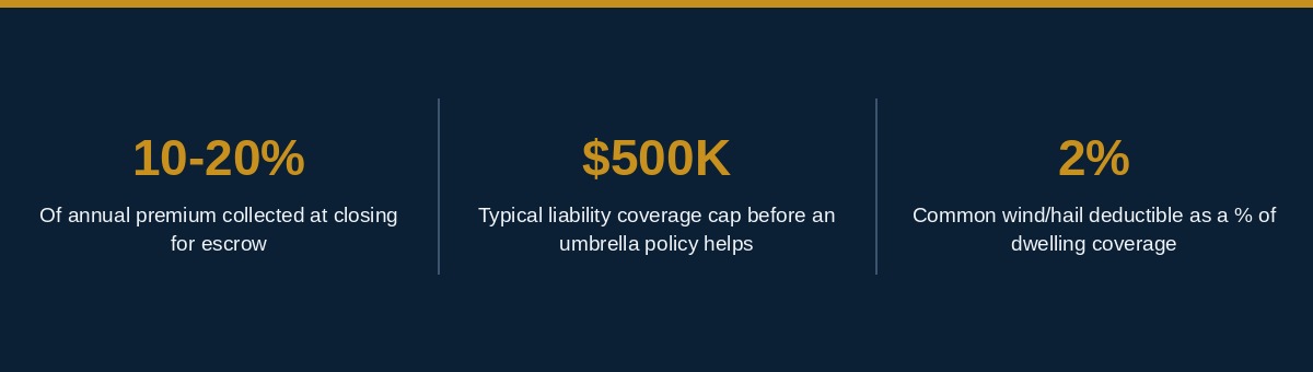 First-time home buyer homeowners insurance infographic showing escrow percentage, liability coverage cap, and typical wind deductible