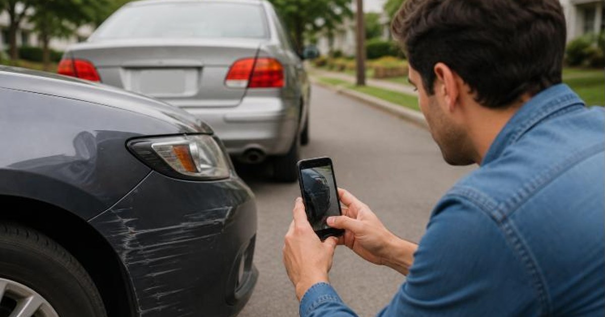 A man photographing car damage on his phone after an accident, illustrating how to file a car insurance claim