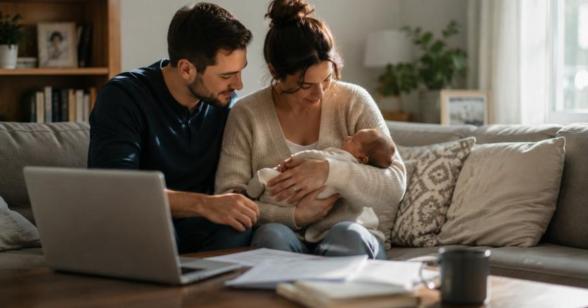 Life insurance for new parents infographic showing a young couple holding a newborn while reviewing paperwork and a laptop