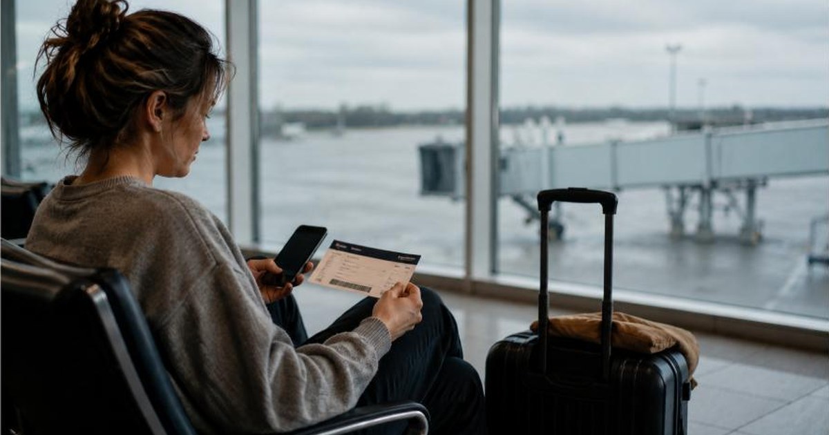 Traveler checking a boarding pass and phone at an airport gate, representing when travel insurance is worth buying