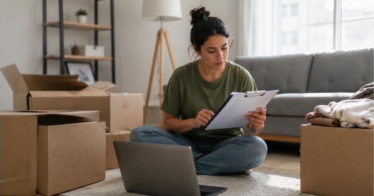 Renter sitting among moving boxes reviewing a document, representing how much renters insurance costs on average