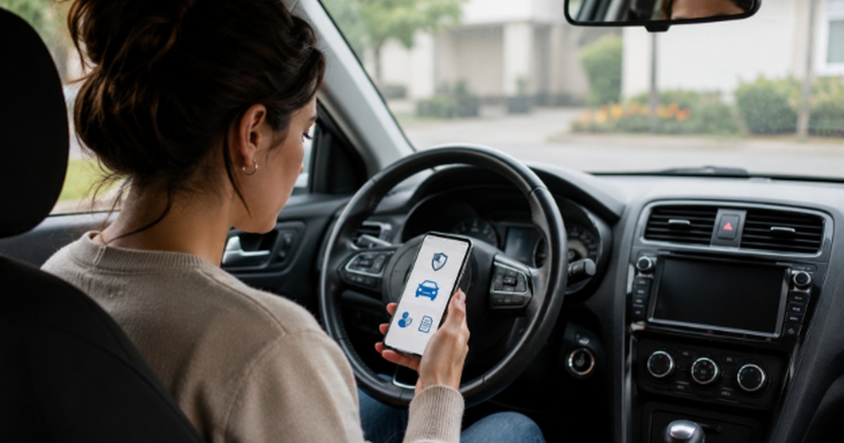 Driver checking an insurance app to lower your car insurance premium