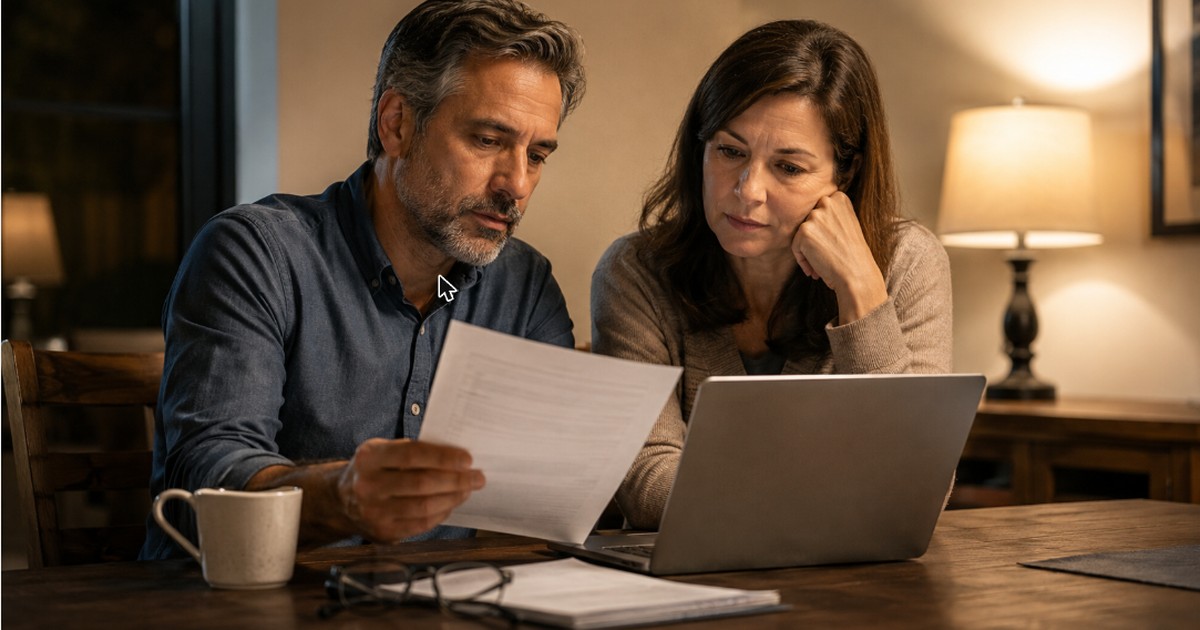 Couple comparing term vs whole life insurance policy documents at home
