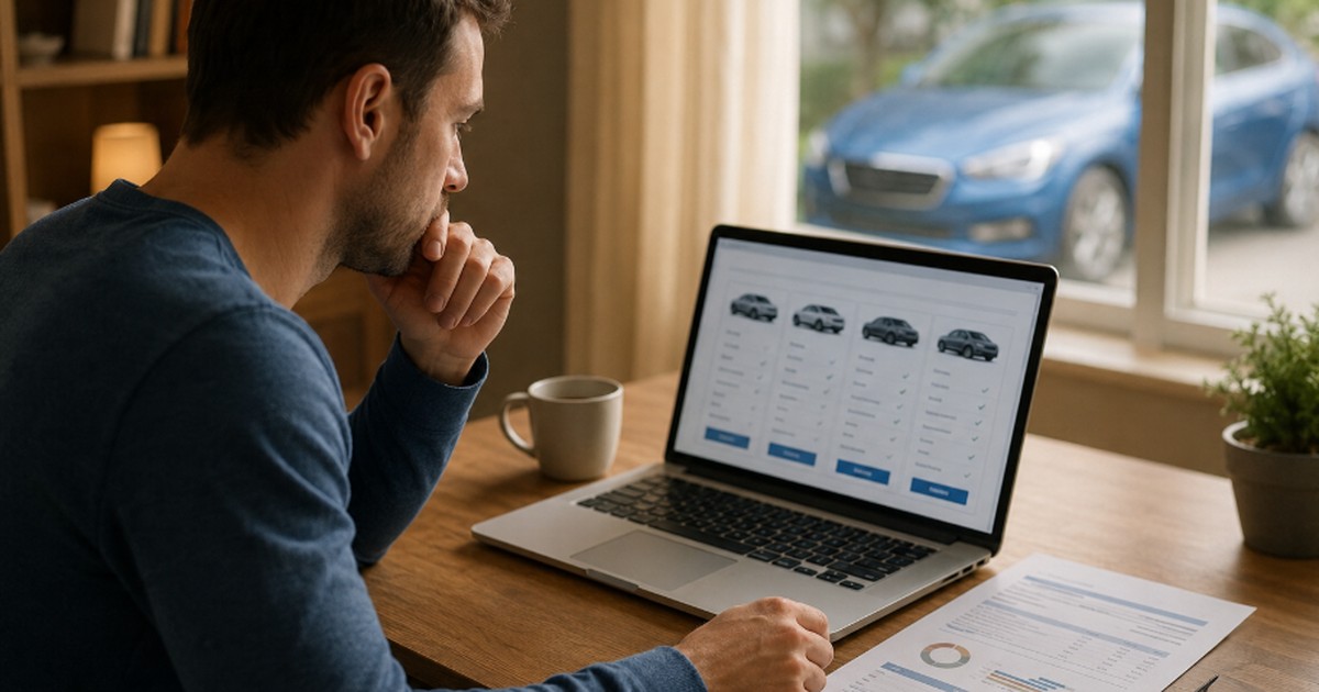 Person reviewing car insurance quotes on laptop with credit report document, illustrating how credit score affects car insurance rate