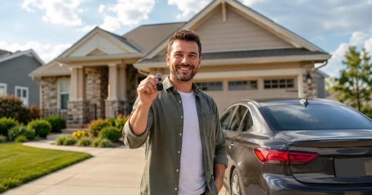 A homeowner holding house keys next to his car and house, illustrating umbrella insurance protecting both
