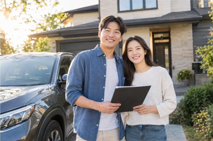 Couple bundling home and auto insurance standing in front of their house and car