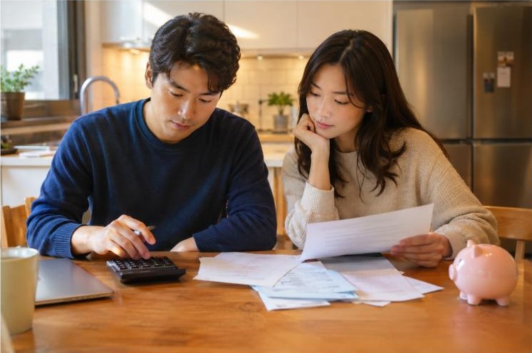 Couple reviewing an insurance deductible on paperwork at their kitchen table