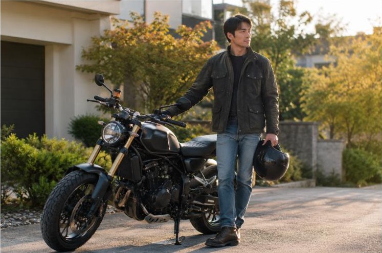 Rider with motorcycle insurance 101 coverage standing next to their bike